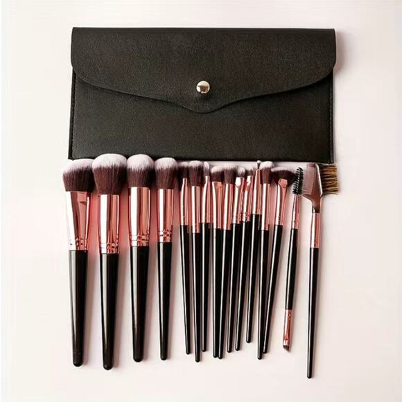 Makeup Brush Set 15 pc Brushes Black Handle Rose Gold Metal with Storage Bag - Picture 1 of 6